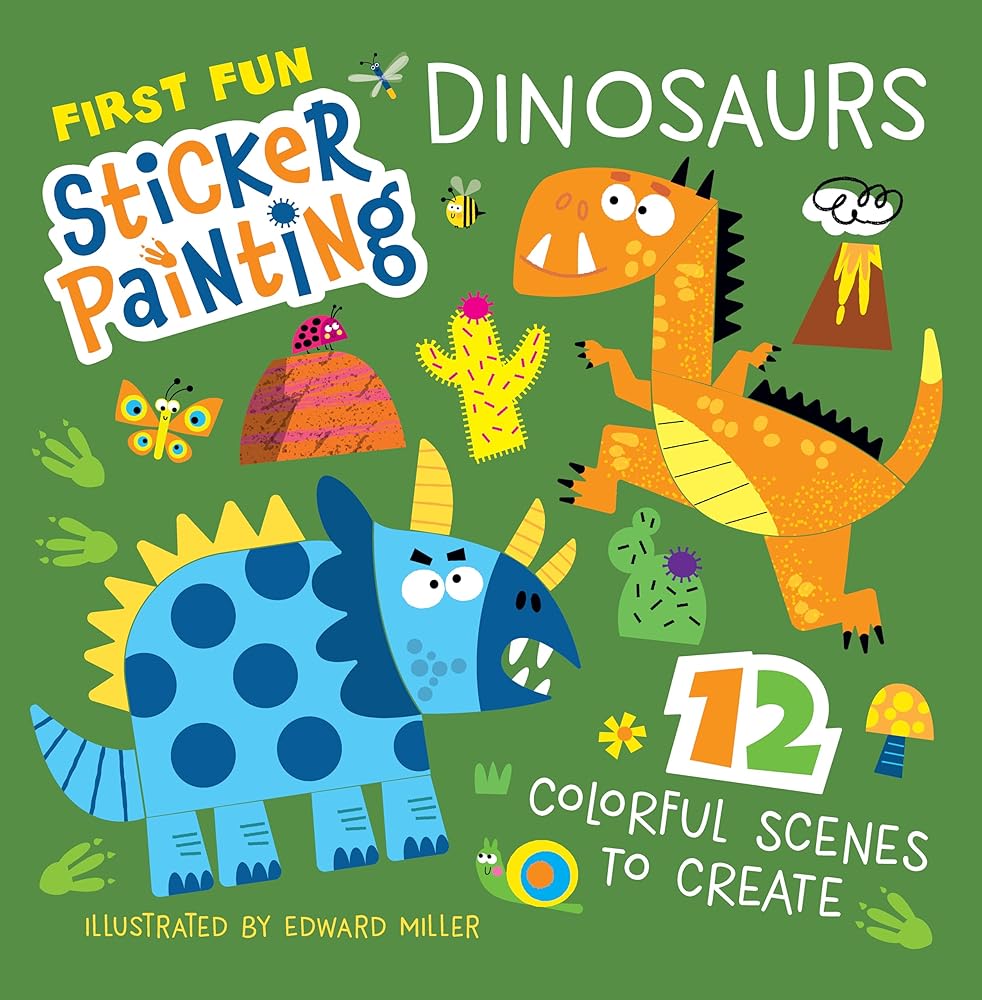 First Fun Sticker Painting: Dinosaurs: 12 Colorful Scenes to Create (Happy Fox Books) Paint-by-Sticker Art Designs for Kids Ages 4 and Up - Triceratops, T. Rex, Velociraptor, Allosaurus, and More cover image